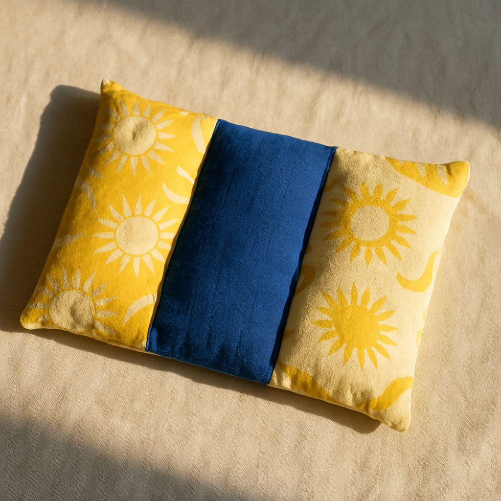 Bouillotte sèche en patchwork de tissus jaunes à soleils et bleu